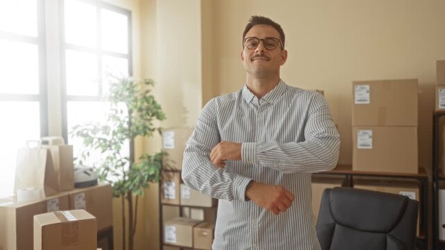 Man with arms crossed beside stacked shipping boxes in a building, wearing striped shirt and glasses; small business confidence.