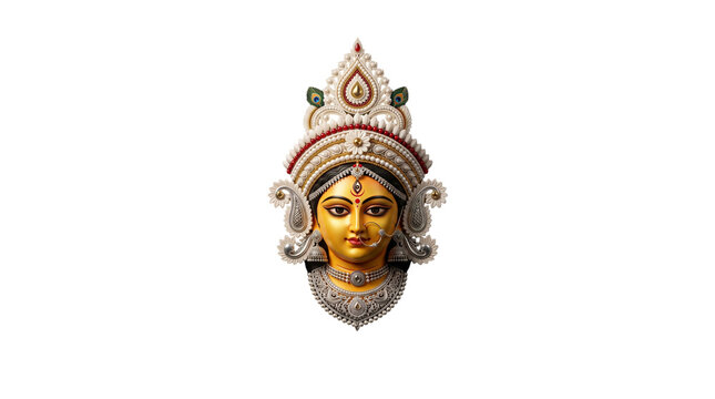 Goddess durga maa face idol with golden skin, isolated on transparent background
