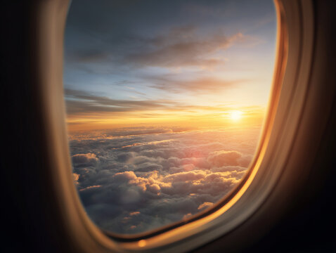 Airplane window view above the clouds with sunrise and aircraft wing during flight