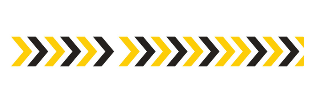 Yellow and Black Chevron Caution Border Vector featuring Repeating Arrow Tape, Hazard Warning Stripes, and Construction Direction Line