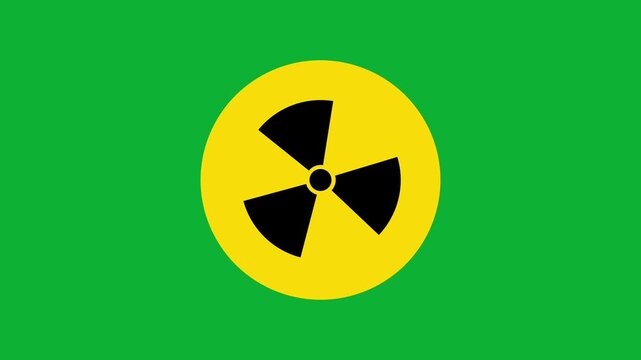 Animated radioactive radiation warning symbol on yellow circle with chroma key green background graphic motion