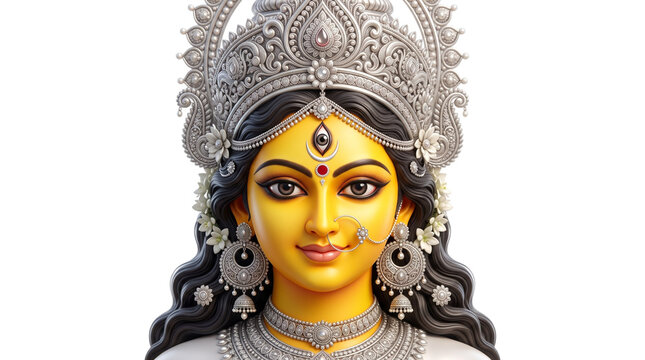Hindu goddess durga maa with silver jewelry, isolated on transparent background