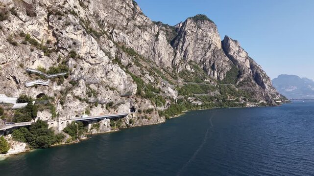 Aerial Panorama of Lake Garda Cliffs and Mountain Shoreline near Limone sul Garda, Italy