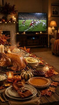 A warm living room setting for a Thanksgiving dinner feast with roasted turkey and pumpkin pie on the table while a live football game plays on the big screen.
