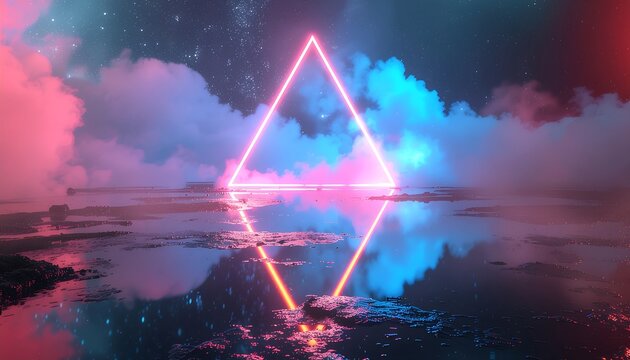 Abstract Neon Triangle Background with Futuristic Surreal Clouds