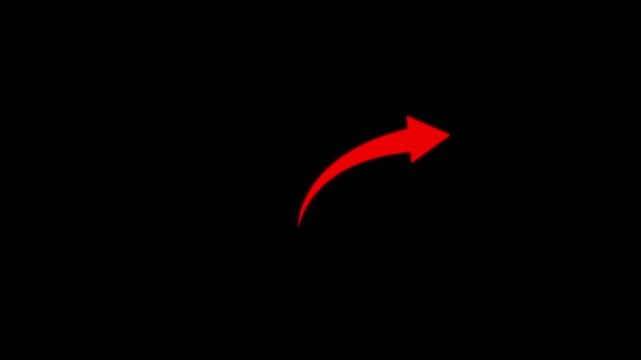 Glowing red curved arrow pointing towards the upper right corner isolated on a black background for digital interface and navigation