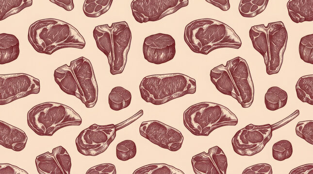 Seamless pattern of various raw beef meat cuts like steaks and chops on a light generated using ai