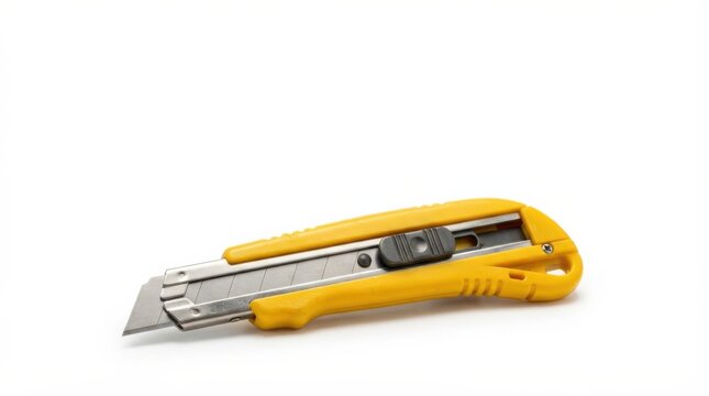Close-up of yellow utility knife with sharp blade extended. Precision cutting tool for crafts, construction, and DIY projects.