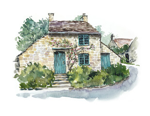 English cottage. Old England. A hand-painted watercolor painting of an English-style house. Landscape painting with old stone houses, a street, flowers, fields in the background, a quiet country