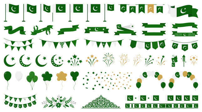 Pakistan national day celebration vector graphic set featuring green and white flags ribbons bunting balloons stars crescents and decorative elements isolated on a plain white background