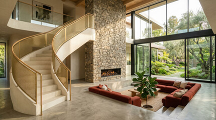 Obraz premium Spacious living room with curved staircase, stone fireplace, and sunken seating generated using ai