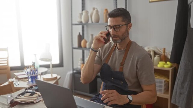 Man holds phone to ear while typing on laptop at cluttered artisan workbench in studio, wearing apron and glasses; concentration.