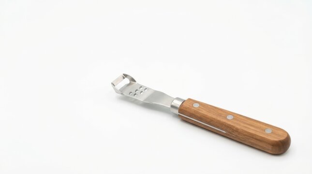 Stainless steel kitchen zester grating citrus peel. Professional microplane tool for garnishing gourmet dishes and cocktails.