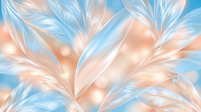 Abstract frosted glass feather pattern with icy blue and peach tones