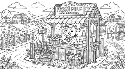 Obraz premium A friendly cow running a fresh milk and produce market stall in a rural farm landscape, with wooden crates, flowers, and a country road scene