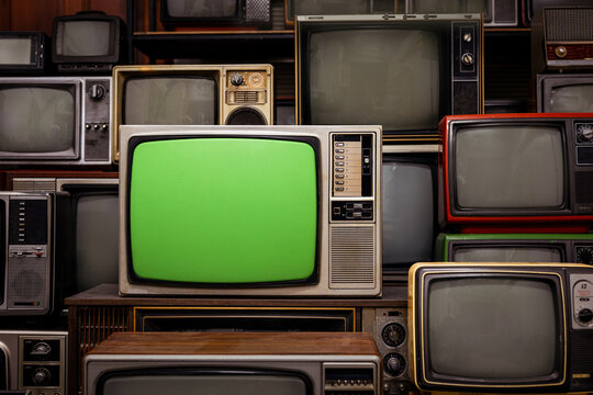 Vintage CRT Television with Green Screen
