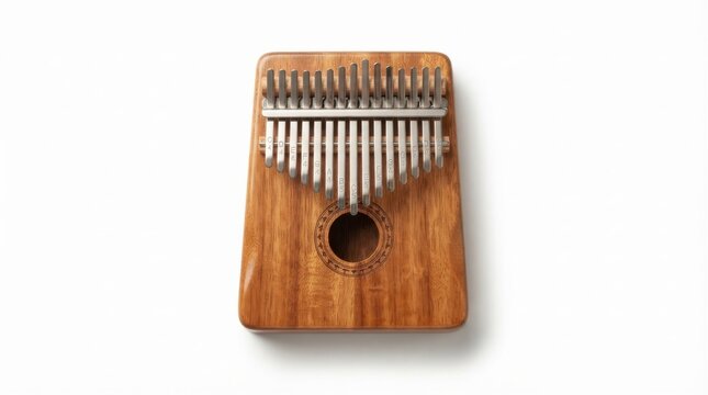 Handcrafted wooden kalimba musical instrument on display. African thumb piano with metal tines for soothing melodies and meditation music.