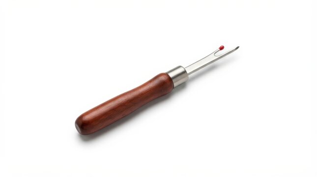 Precision seam ripper tool for sewing corrections. Small stitch remover with ergonomic handle for tailoring and garment repair.