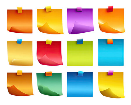 Colorful Sticky Notes Collection: A vibrant assortment of twelve sticky notes in various bright colors, each attached with a small clip, arranged in a 3x4 grid, suggesting organization and reminders.