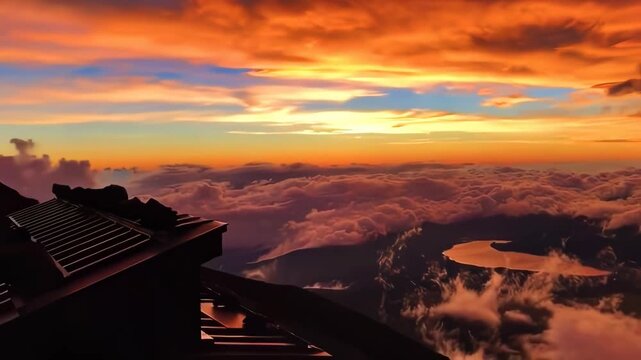 Time-lapse of stunning sunset over cloud sea and mountain lake from high volcanic peak