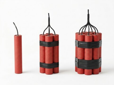 Three Progressive Bundles Of Red Dynamite Sticks With Black Fuses And Tape