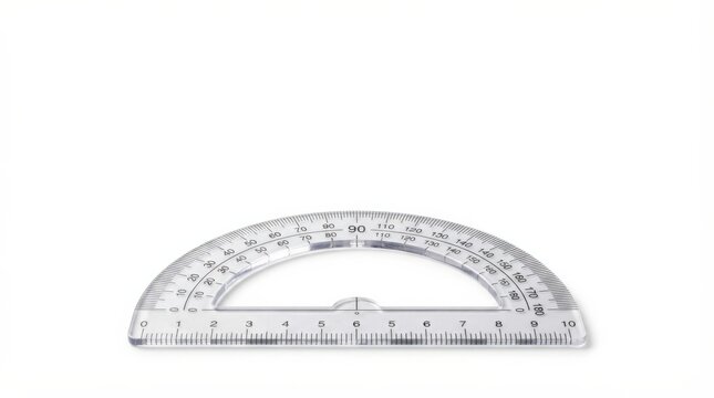 Plastic protractor measuring angles on white background. Clear geometric drafting tool for precise technical drawing and design.