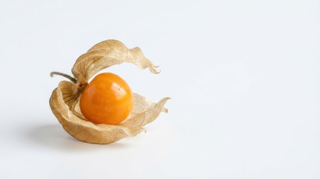 Fresh golden physalis fruit peeled from its papery husk. Bright orange cape gooseberry half-exposed in natural light for food styling.