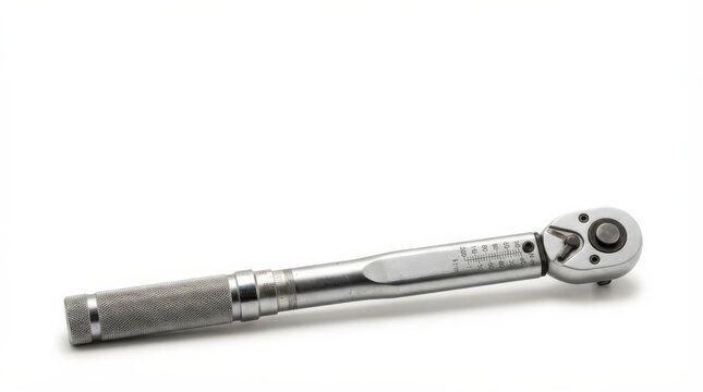 Precision torque wrench adjusting bolt tension. Industrial hand tool for mechanical fastening and calibration.