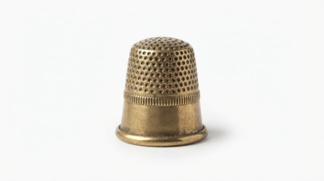 Gold metal sewing thimble for hand stitching. Protective tailor's finger shield with dimpled texture for grip.