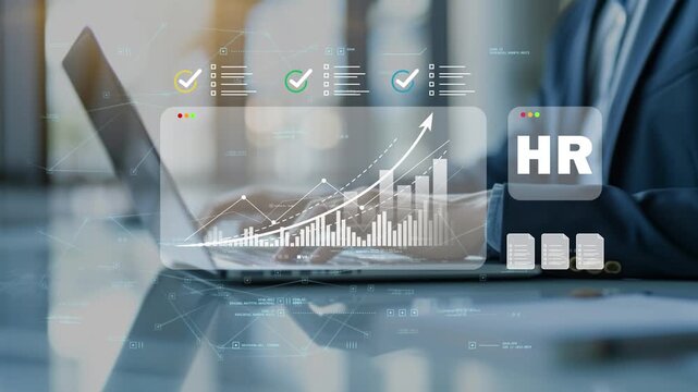 Businessman working on laptop in futuristic office using evaluating productivity trends and employee performance management system with workforce KPI chart monitoring