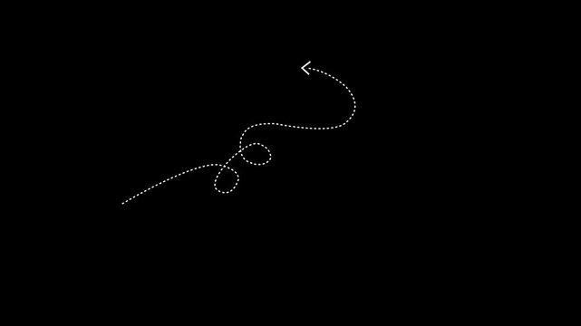 White dashed arrow line curving and looping on a white background with left-pointing arrow dashed line. 4k video motion animation...