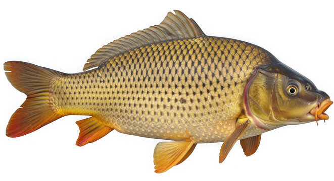 Common carp fish swimming with golden scales and fins isolated on transparent background