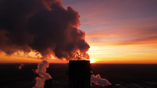 Industrial smokestack billowing smoke against dramatic sunset pollution concept