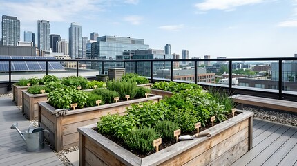 Fototapeta premium Rooftop garden with herbs and city skyline view
