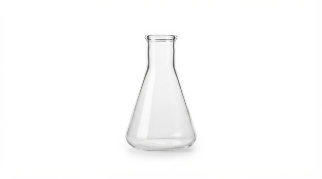 Empty laboratory Erlenmeyer flask on white background. Clear glass conical science container for chemical experiments and research.