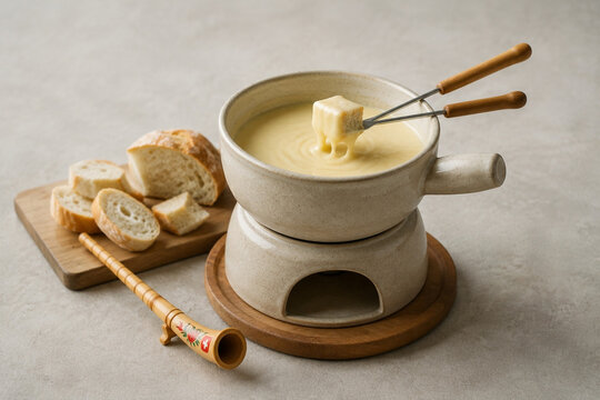 Ceramic cheese fondue pot with melted cheese, bread and carved alphorn, cozy dining concept