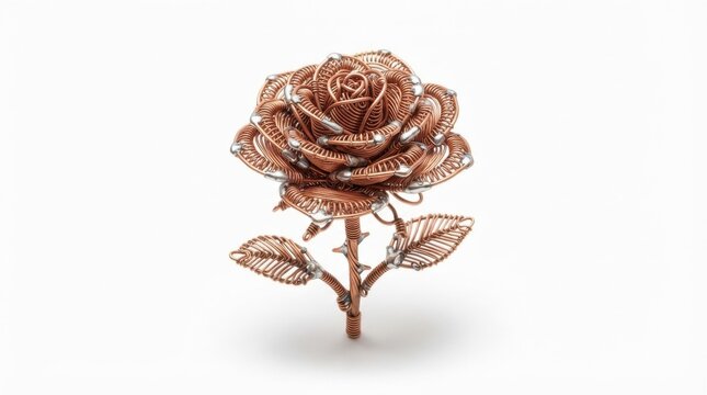 Handcrafted copper wire rose sculpture in full bloom. Metallic floral art with intricate petal detailing for modern decor.