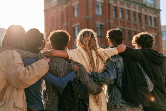 Diverse young adults in casual attire, arms around shoulders, united