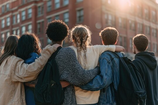 Diverse group of young people with arms around each other, facing city buildings at sunset