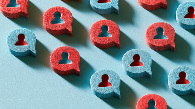 Red and blue speech bubbles with person icons create a patterned background