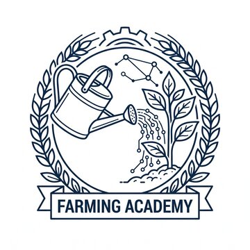 Farming academy emblem with watering can nurturing plant growth. Agricultural education logo featuring hand-drawn sprouting seedling and laurel wre...
