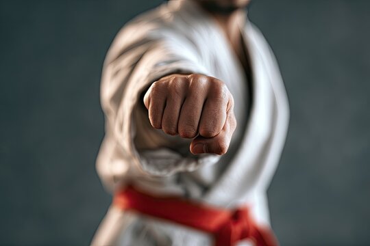 Close-up of a martial artist's clenched fist, ready to strike, wearing a white gi and red belt