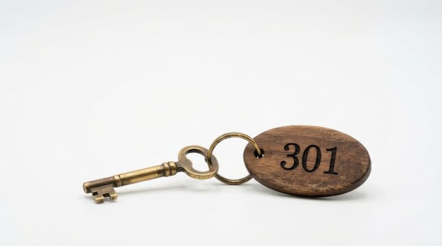 Vintage brass hotel key with wooden room tag 301. Antique metal keychain featuring engraved wooden fob for hospitality and travel.