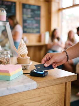 Contactless payment with credit card at ice cream shop counter, customer using NFC technology for wireless transaction, modern digital banking and retail finance concept