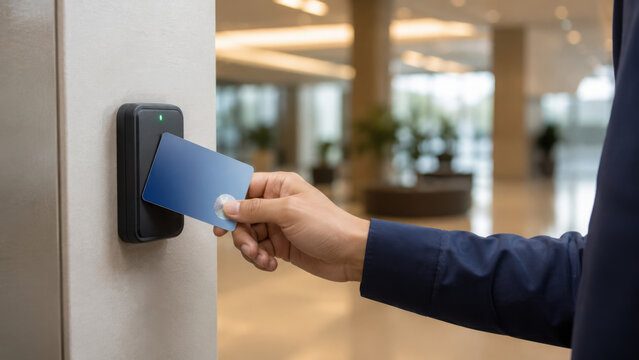 Access card Hand Security system Office Access control Blue card Business Technology Modern Building Person Wall Electronic Identification Keycard