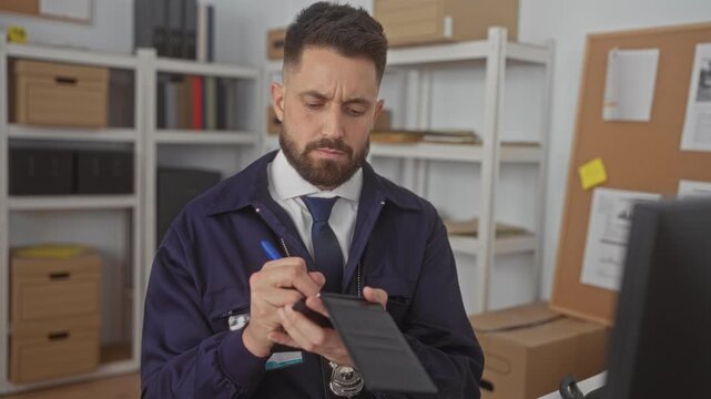 Man detective writing notes in a notebook with pen, hand holding pen visible in an office building; seriousness investigation.