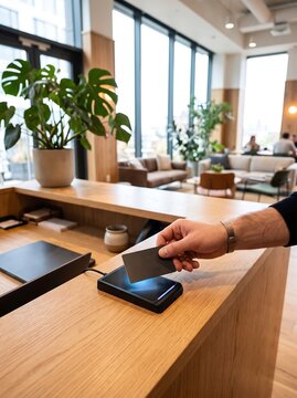 Contactless key card access at modern office reception desk. Professional hand using RFID security badge on electronic reader. Contemporary coworking lobby with green plants.