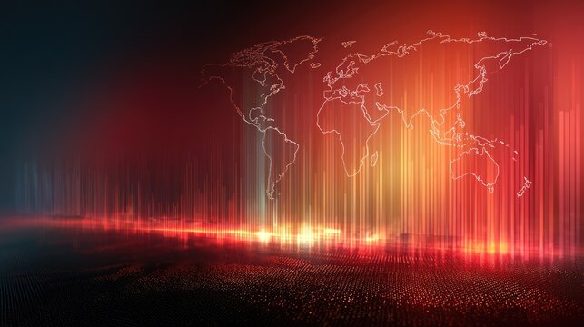 Global map glows over fiery light waves, suggesting data flow