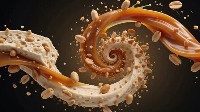 Glossy caramel and nougat ribbons swirling in a cinematic macro food photography sequence