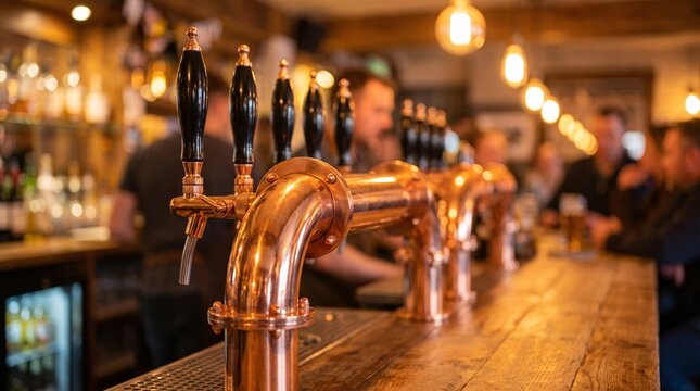 Shiny copper beer taps lined up on a wooden bar counter in a cozy dimly lit rustic pub